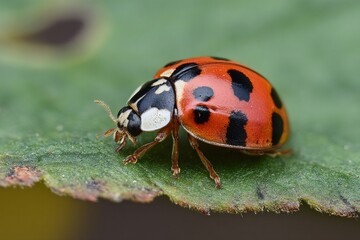 A small red ladybug rests on a green leaf, its black spots visible in a detailed macro shot