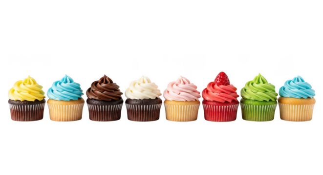 Row of colorful frosted cupcakes isolated on transparent background