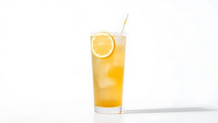 Fototapeta premium Lemon iced tea in clear glass with straw and ice, minimal and clean advertising background