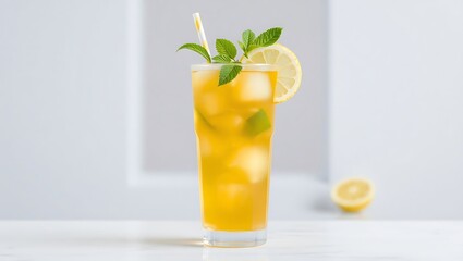 Fototapeta premium Lemon iced tea in clear glass with straw and ice, minimal and clean advertising background