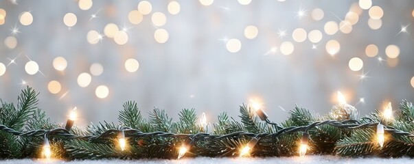 A festive scene featuring pine branches adorned with twinkling lights against a soft, blurred background of golden bokeh.