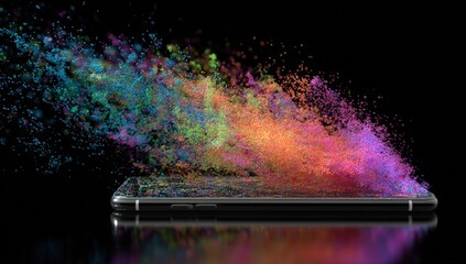Colorful explosion of particles erupting from a black smartphone