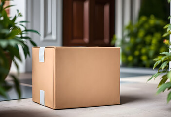 Cardboard box delivery on doorstep, home entrance, plants, package.