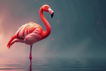 Fototapeta premium Single flamingo, vibrant color, minimalist style, bird, illustration