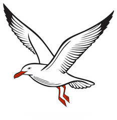Obraz premium Stylized vector illustration of a seagull in flight with outstretched wings and visible legs