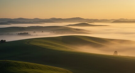 Rolling Hills and Mist A Serene Landscape at Sunrise with Golden Light and Misty Vales