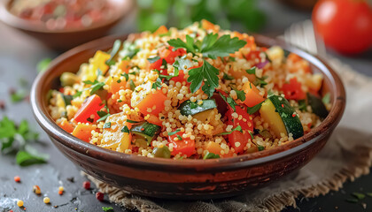 Close-up Moroccan Couscous Texture with Vegetables