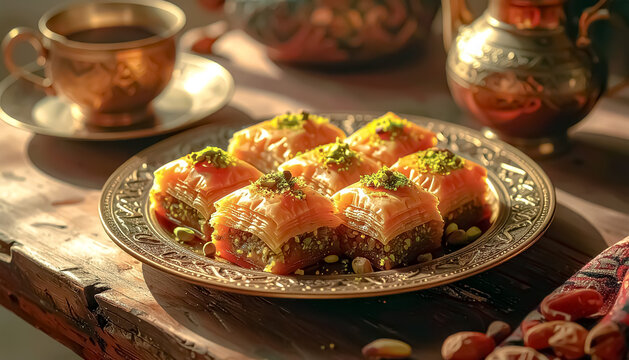 Traditional Moroccan Baklava Pastries on Ornate Tray