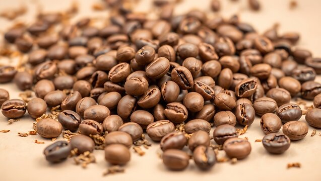 Macro shot of unroasted Kopi Luwak beans freshly separated from dried civet droppings, earthy tones, studio lighting, isolated on neutral background