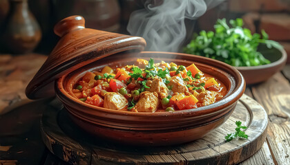 Traditional Moroccan Tagine Pot with Chicken Stew