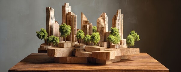 Wooden cityscape model,  miniature city on a wood base