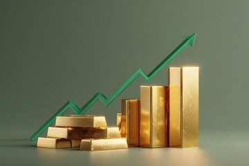 Gold bars and a rising green line graph