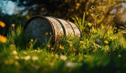 Fototapeta premium Rusty barrel nestled in grassy field