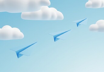 Paper planes flying through blue sky with fluffy white clouds dream