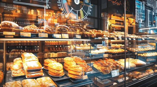 Fresh bread pastry cake bakery dessert sweet glass display modern shop with inviting atmosphere, artisan loaf, croissant, baguette, and hand crafted