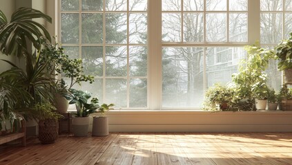 Fototapeta premium Sunlight streams through a large window, illuminating a room filled with plants