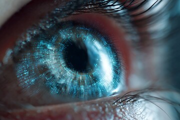 Close-up macro of a woman's blue eye with a detailed iris and pupil