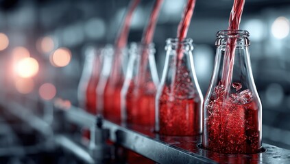 Red soda bottles filling on a factory production line