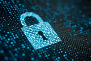 A blue digital security concept featuring a binary code lock pattern on a circuit board