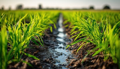 Young green plants grow along a muddy irrigation ditch