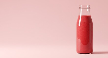 Obraz premium Refreshing and Nutritious Red Fruit Smoothie in a Transparent Glass Bottle, Elegantly Presented on a Soft Pink Background with Ample Copy Space for Wellness or Lifestyle Designs