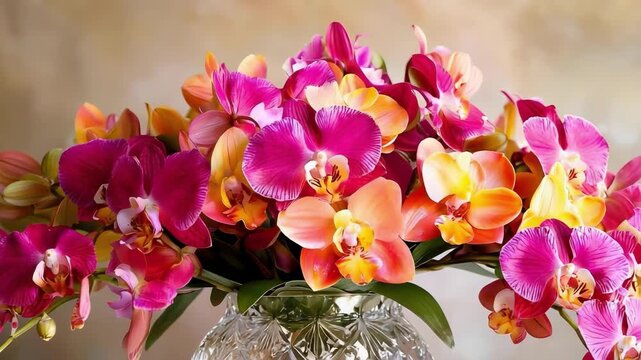 A colorful bouquet of pink, purple, and orange orchids arranged in a crystal vase.