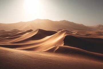 Sunset over a vast, hot, arid desert landscape with towering sand dunes in Morocco