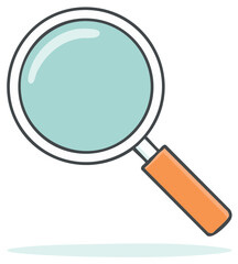 Cartoon magnifying glass with a light blue lens and orange handle held for inspection