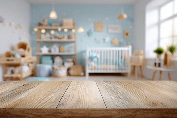 Luxury interior design of a modern nursery room with a crib, wooden floor, and stylish home decor