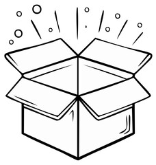 Open cardboard box with radiating lines and circles above