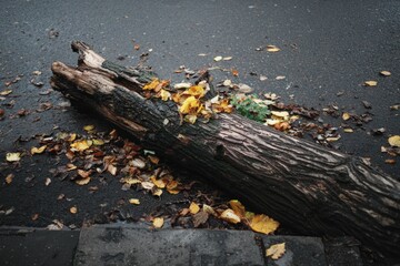 Fallen log on a wet city street
