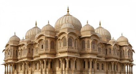 Fototapeta premium A majestic, light beige stone building, featuring ornate domes and intricate architectural details, stands against a plain white background.