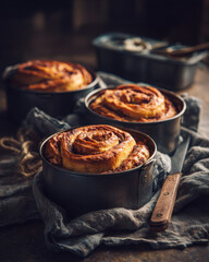 Unbaked cinnamon rolls placed in round baking tins with rustic light.
