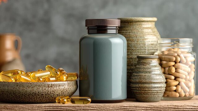 Vitamin capsule supplement bottle wellness nutrition wooden table still life scene with neutral tones, herbal softgel jar rustic kitchen natural