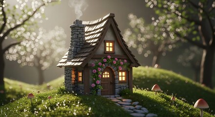 Naklejka premium Charming cottage nestled in a whimsical forest landscape with mossy ground, flowers, mushrooms, and a cozy chimney emitting smoke.
