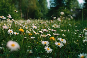 A beautiful summer meadow bursts with white daisies and yellow dandelions in full bloom
