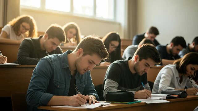 Students taking a test in a university lecture hall