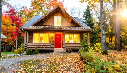 Cozy log cabin in autumnal forest