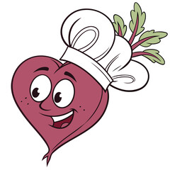 Cartoon Heart Shaped Beet with Chef Hat and Happy Expression Keywords: beet, heart, vegetable, food