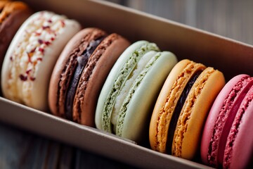 A delightful assortment of colorful French macaroons rests on a rustic wooden table