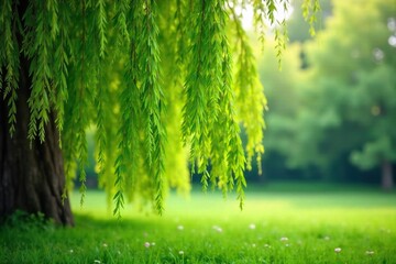 Intricate, delicate willow branches laden with vibrant green foliage, swaying gently in the breeze Perfect for nature, spring, and tranquility themes , branches, tree, willow