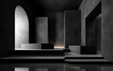Modern minimalist interior space with geometric shapes and dark tones
