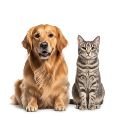 Fototapeta premium Fluffy golden retriever dog sitting next to gray tabby cat on clean white background.