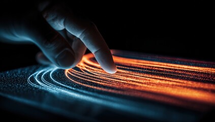 A hand interacts with a glowing, digital interface
