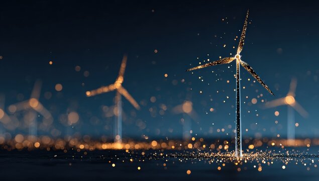 Golden wind turbines in a dark night scene