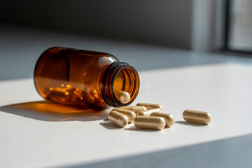Amber pill bottle tipped over with gold capsules scattered on white surface pills medicine