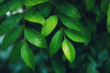 Fresh, vibrant green leaves on a tree glisten with water drops after a refreshing rain