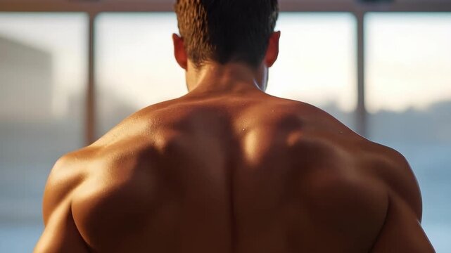 Back view of a shirtless muscular man, broad shoulders and defined upper back muscles.