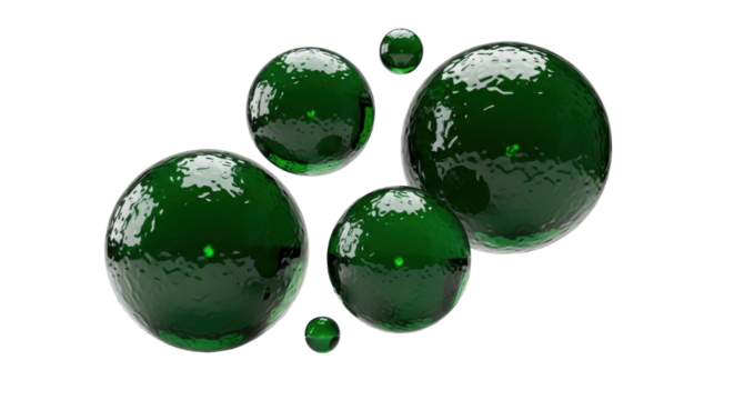 Three to five perfectly spherical, translucent deep emerald green orbs, pulsating with internal light, suspended against a transparent studio background with ample copy space, otherworldly energy