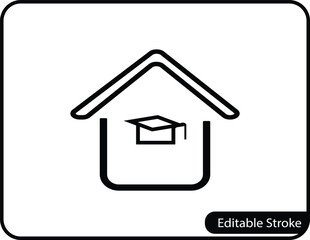 A clean and modern line art icon of a house with a graduation cap inside, representing home education, online degrees, or remote learning. Perfect for educational websites and apps.